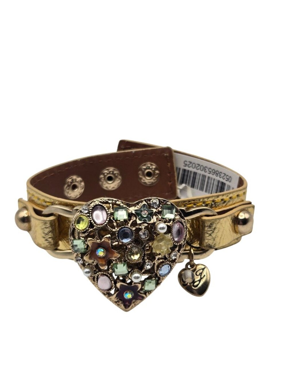 Vintage Y2K Betsey Johnson Gold-Tone Leather Bracelet Cuff Gemstone Heart NEW